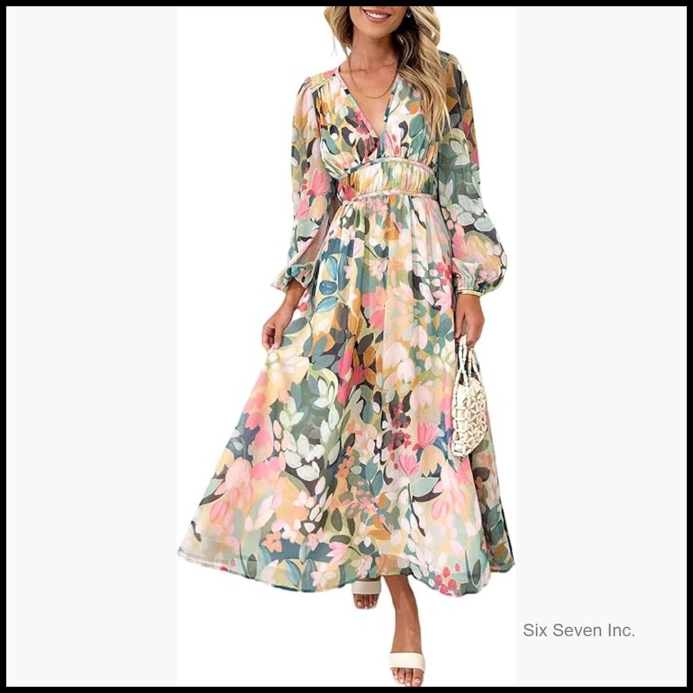 Long Sleeve Floral Maxi Dress Polyester Elastane Wedding Guest